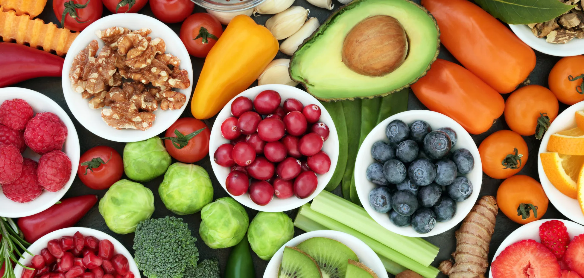Vibrant, colorful bowl of healthy food including vegetables and grains